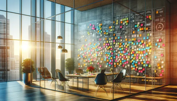Trendy office space, adorned with colorful post-it notes