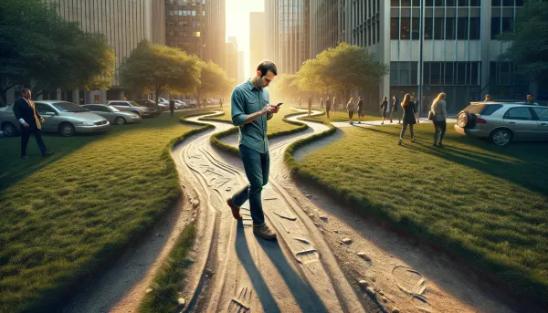 Image of a man walking through a desire path while looking at his mobile phone