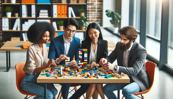 Image of four professionals buliding with lego