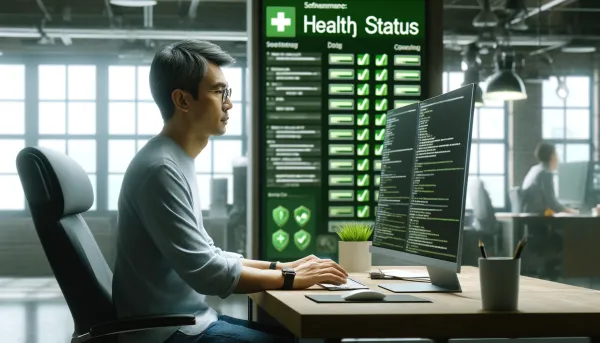 Software engineer working. Also a health status screen displaying green, healthy status checks in the background