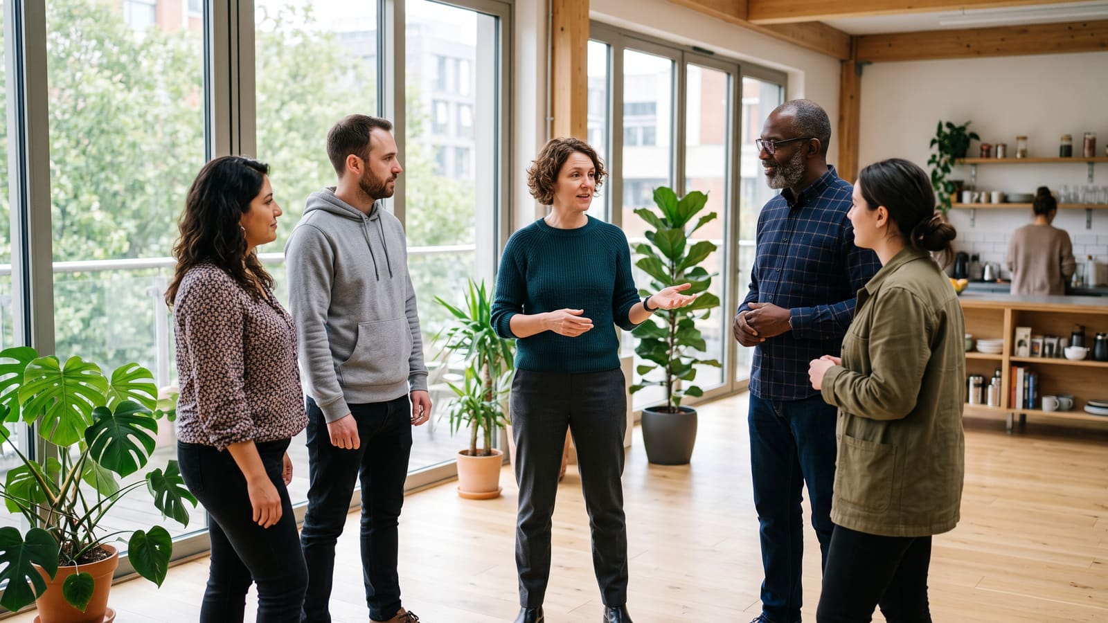 A self-managing team stands in a circle while one colleague speaks