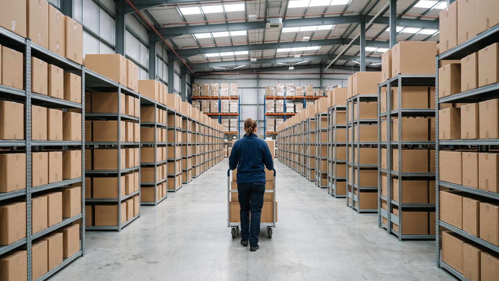 A worker pushes a trolley down a long aisle of boxes in a large fulfilment warehouse