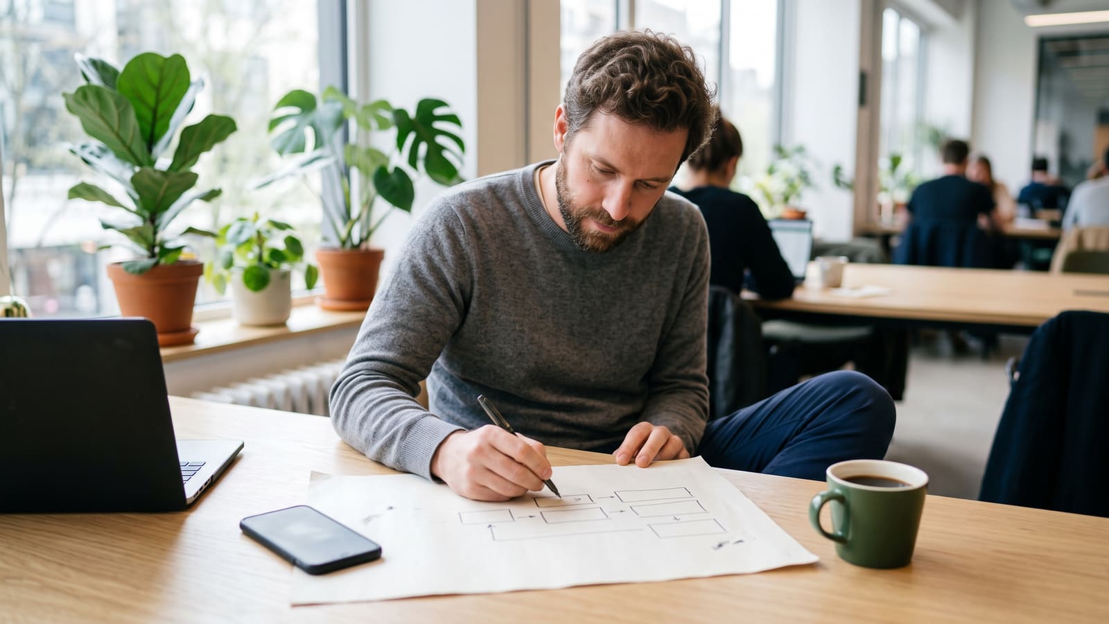 An app founder sketches a tiered pricing model on paper in a co-working space