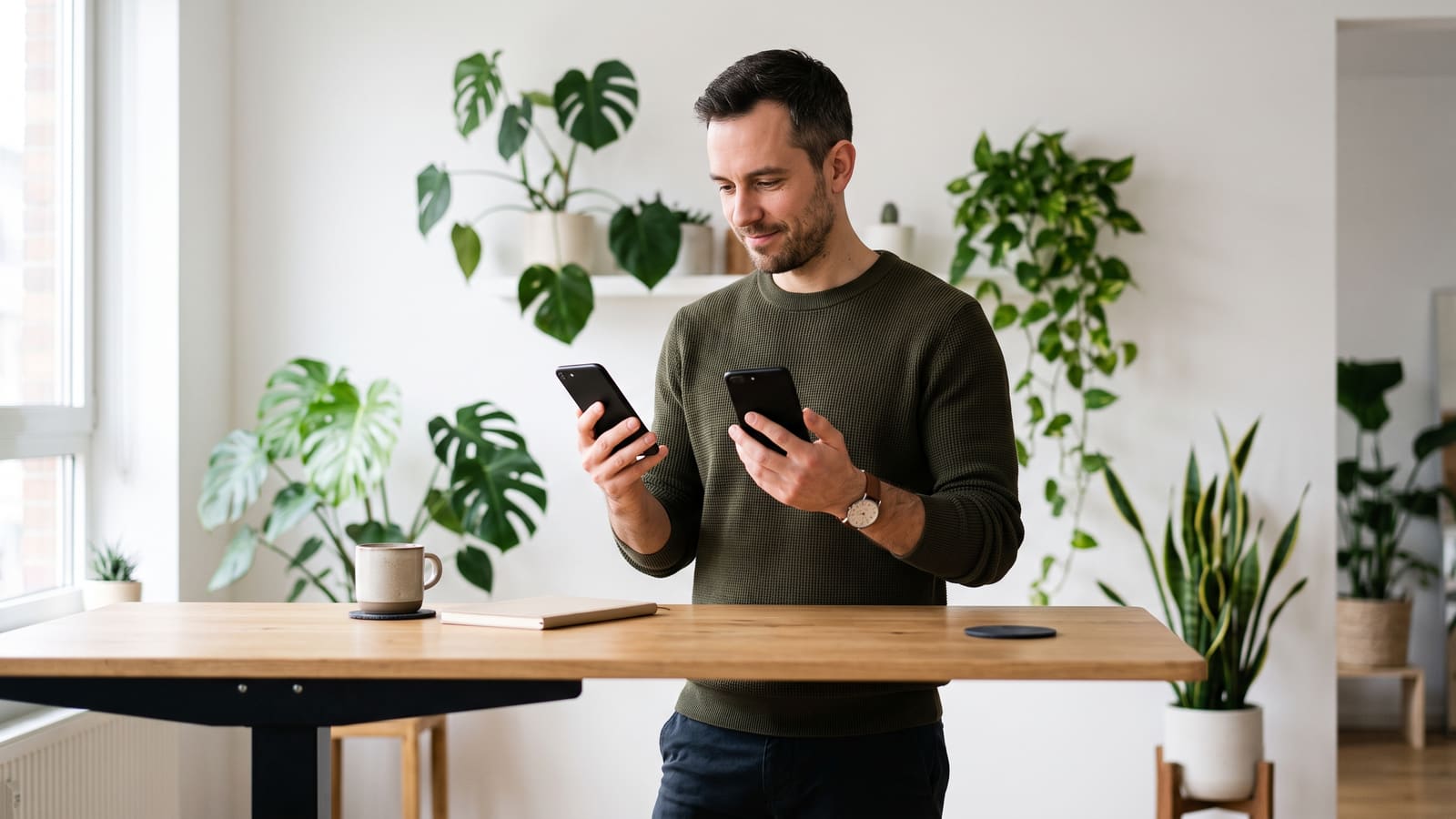 A developer weighs up two phones, one in each hand