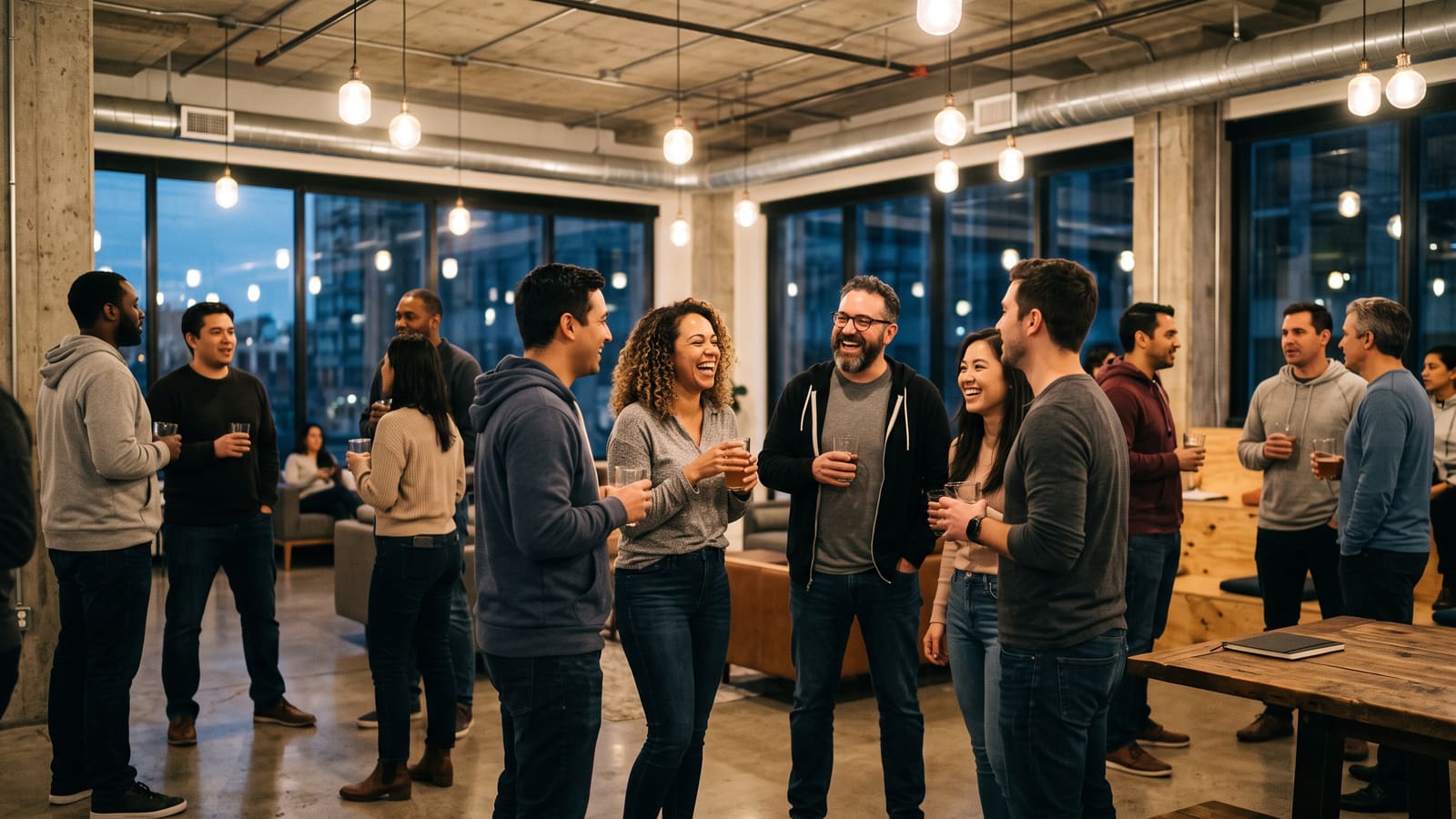 Developers chat and laugh in small groups at an evening meetup in a tech hub