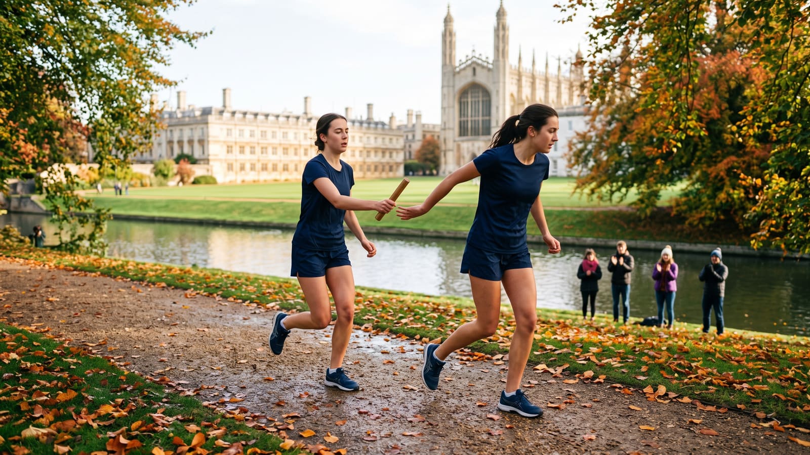 A relay runner hands a baton to a teammate on a riverside path in Cambridge in autumn
