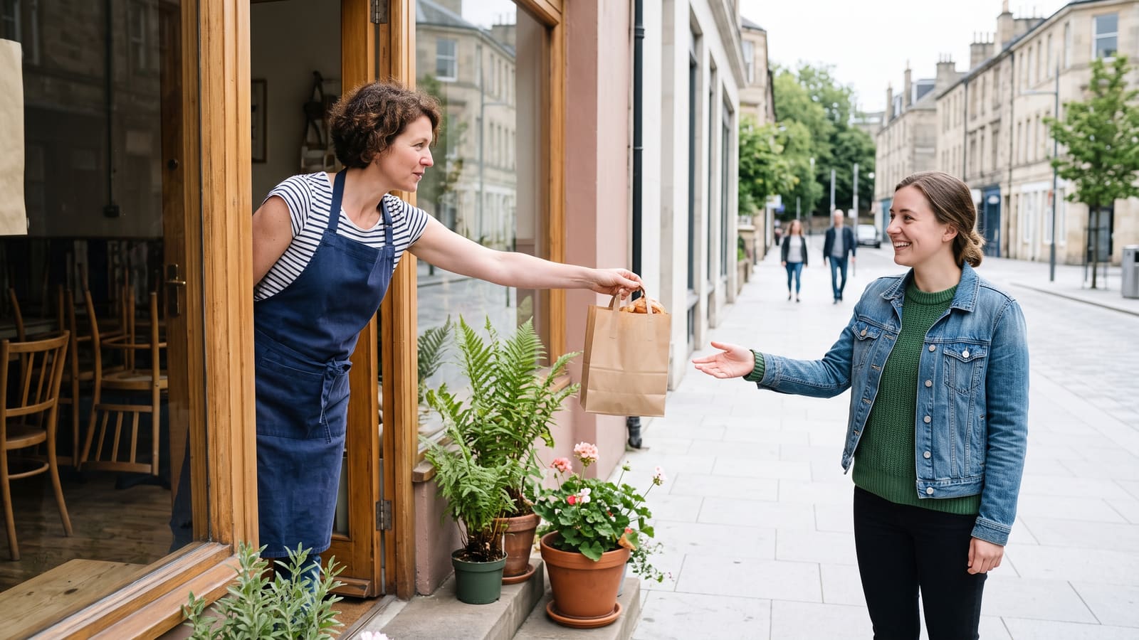 A café owner hands a bag of takeaway pastries to a customer through the doorway