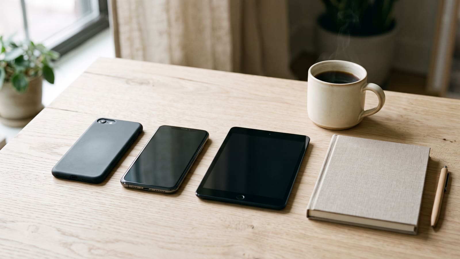 Two phones and a tablet side by side on a desk next to a coffee and a notebook