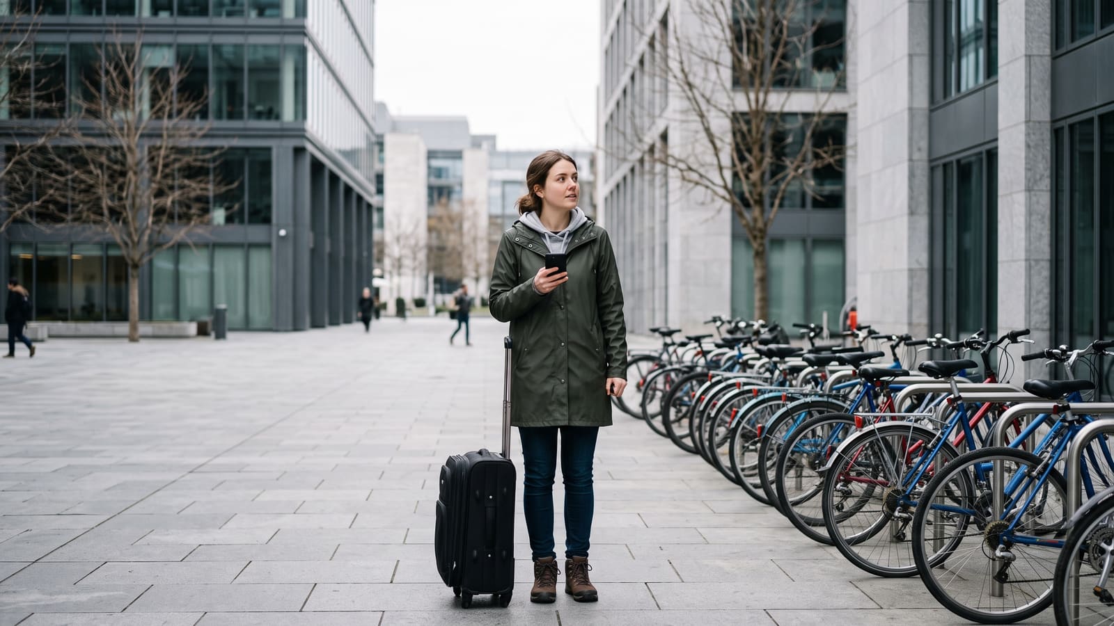 A traveller with a suitcase stops beside rows of bicycles to get her bearings