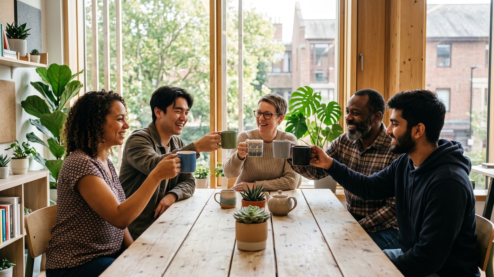 A small software team raises mugs in celebration around a table in a bright office