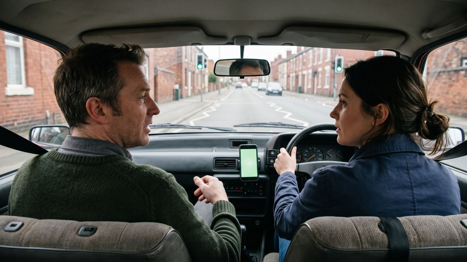A passenger and driver talk in a car approaching a green light, with a phone glowing green on the dashboard