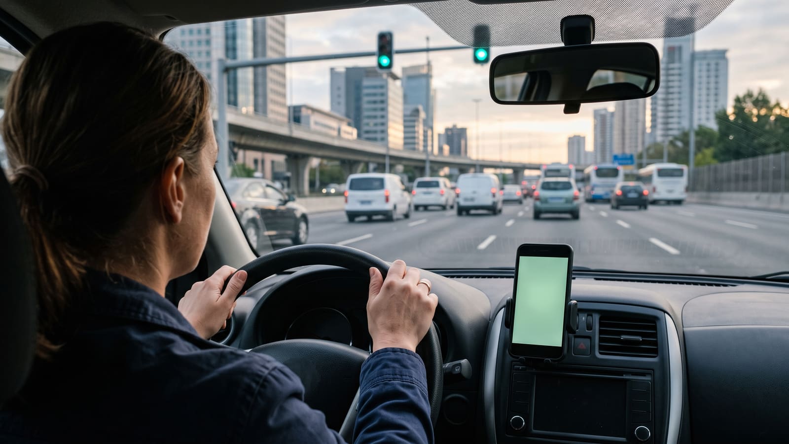 A driver approaches a green traffic light with a phone in a dashboard mount