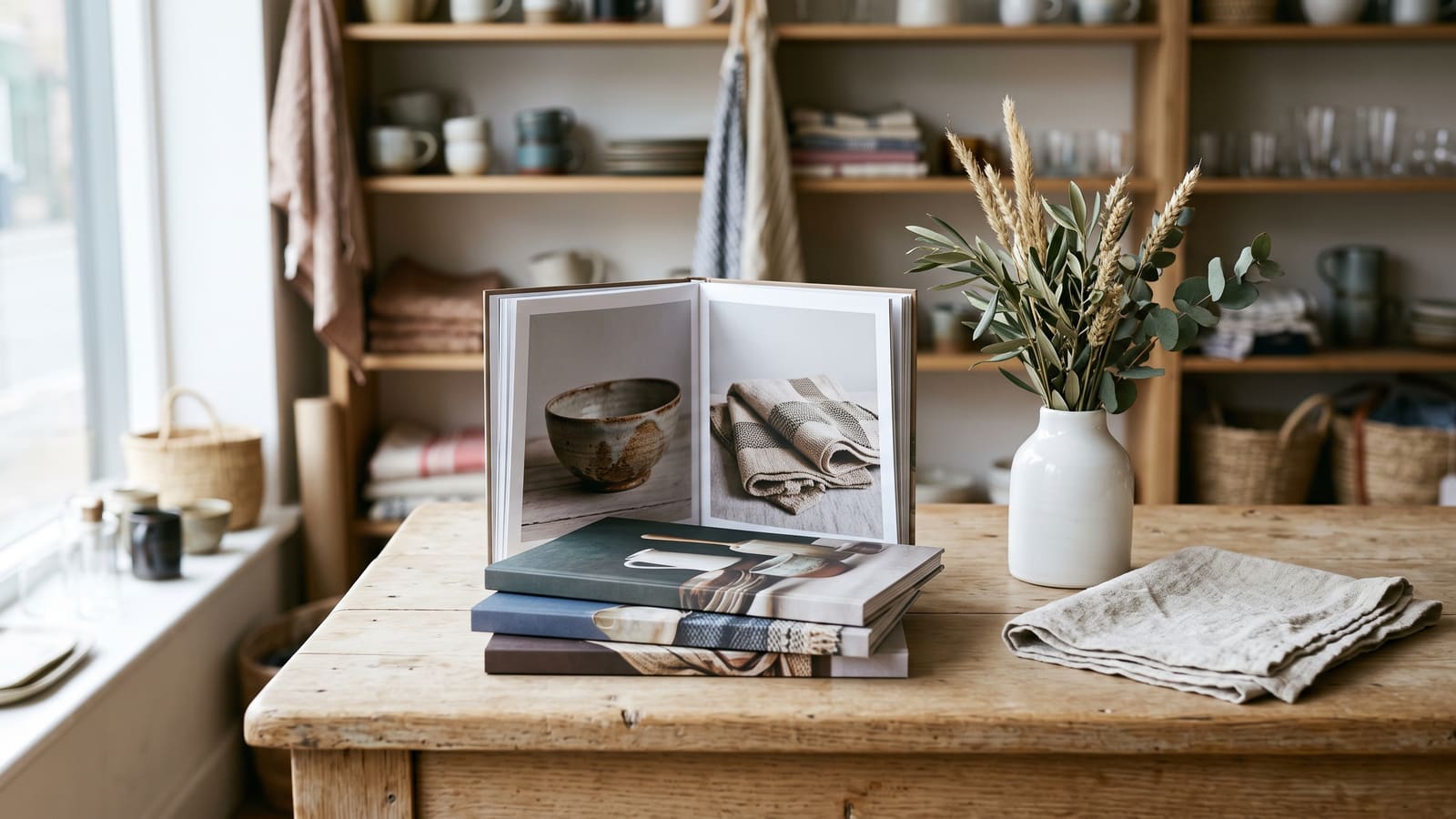 Printed product catalogues open on a wooden counter in an independent homeware shop