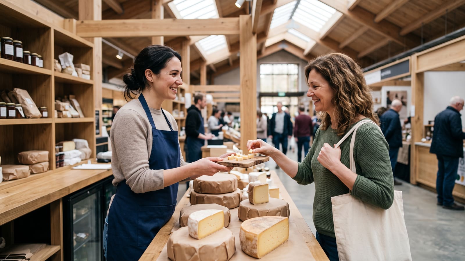 A cheese stallholder offers a free taster to a smiling customer in an indoor market