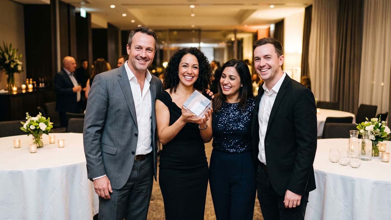 A project team in evening wear smiles with a glass award at an awards dinner