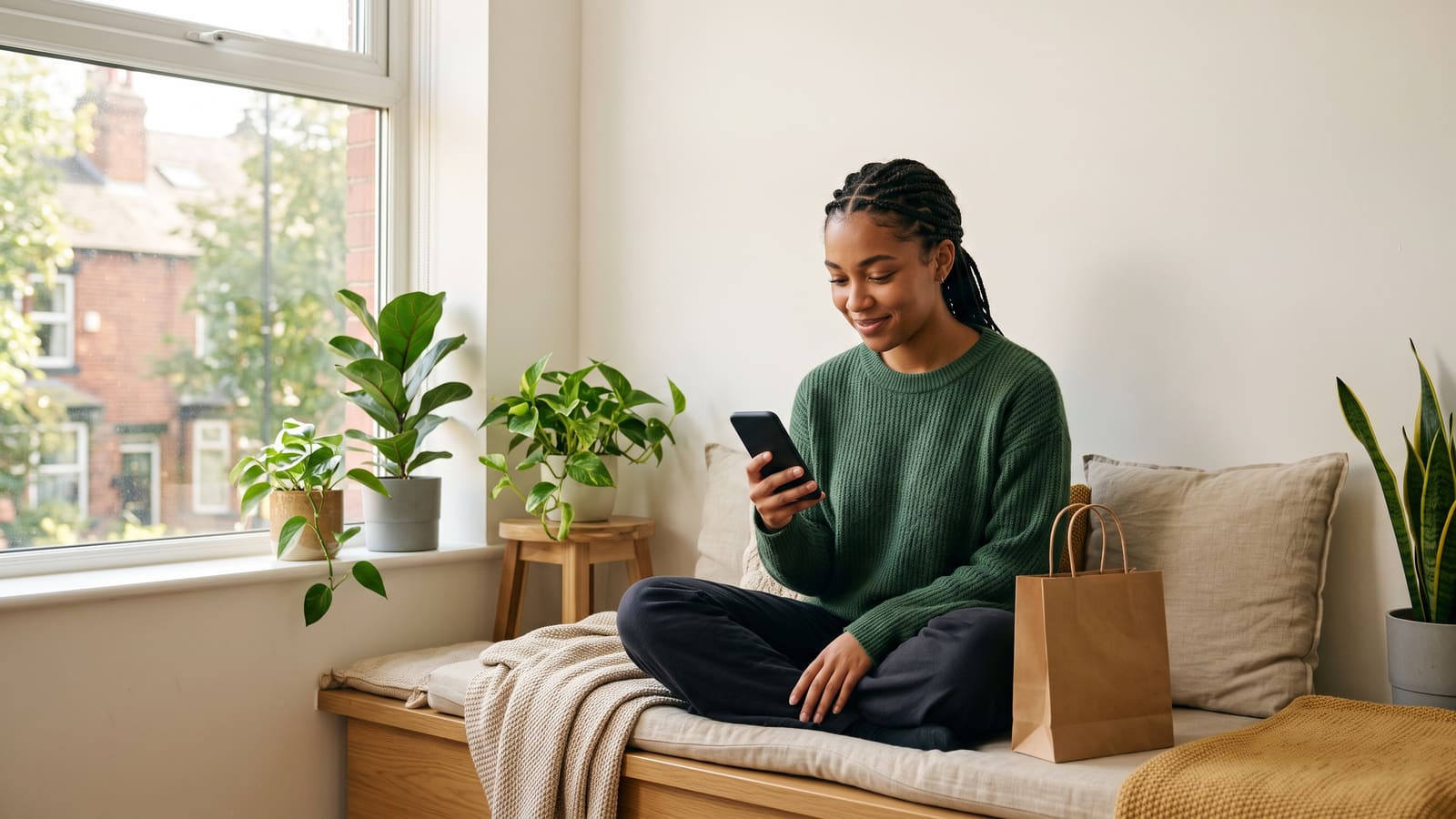 A young woman browses on her phone on a window seat, with a paper shopping bag beside her