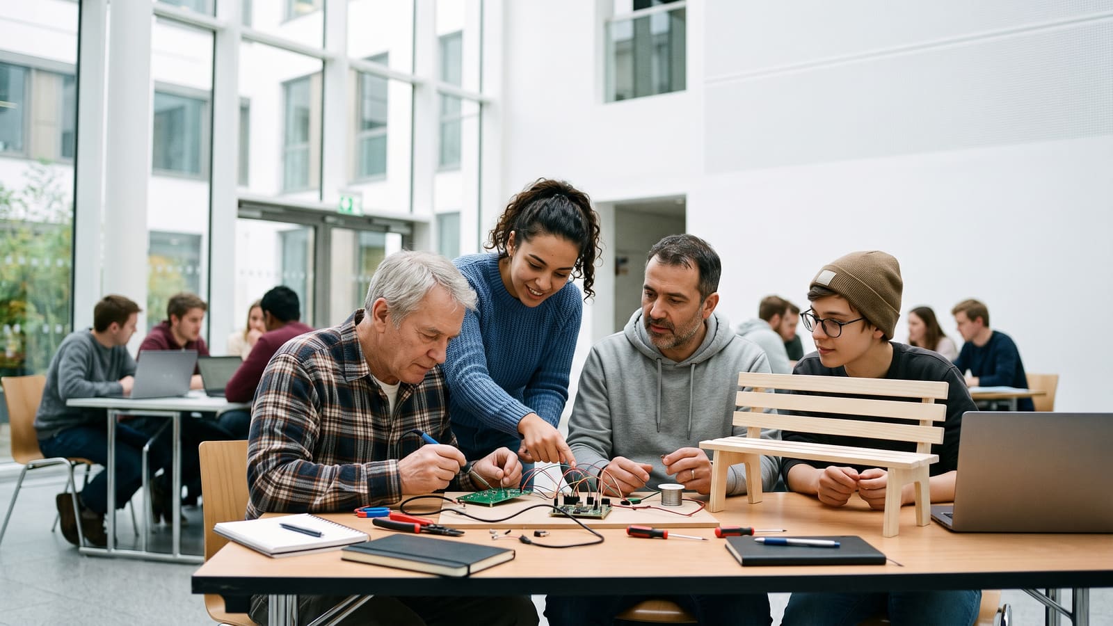 A team at a hack event wires up a prototype smart bench from circuit boards and a wooden model