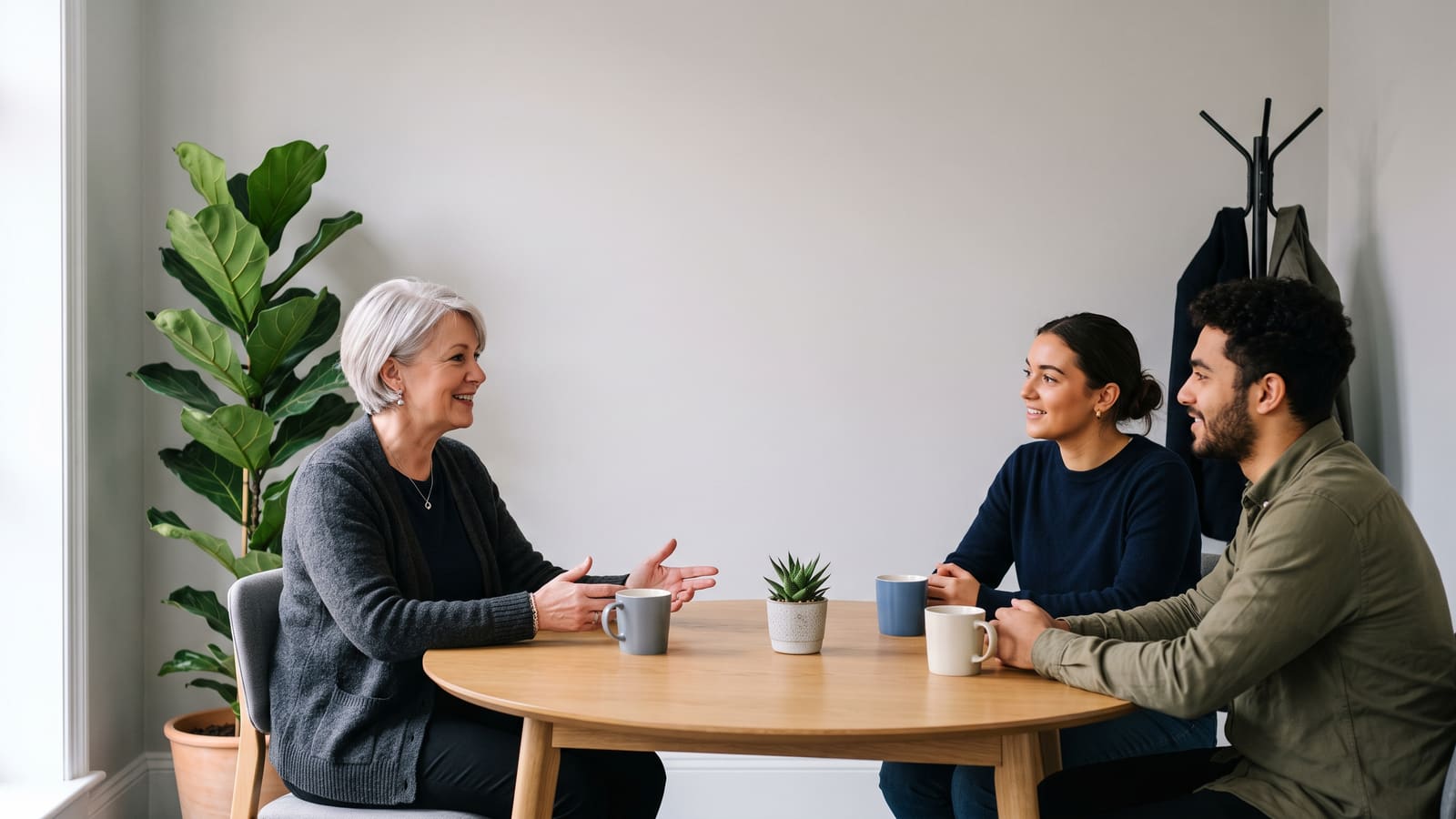 The owner of an accountancy practice talks through ground rules with two new staff around a table