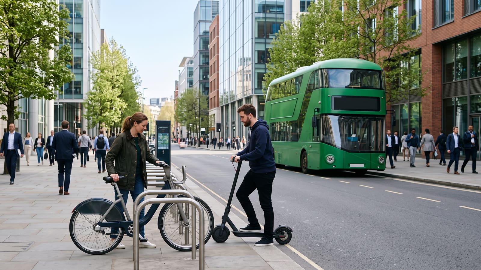 On a city street, a woman takes a hire bike while a man steps onto an electric scooter near a green double-decker bus