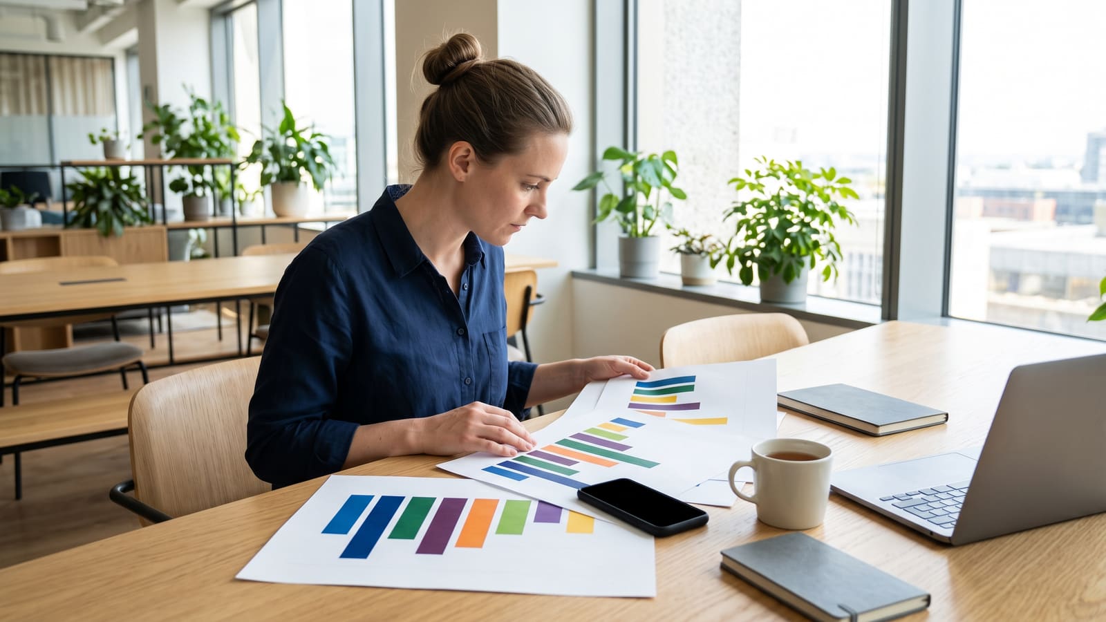 An analyst studies printed bar charts at a desk by a large window