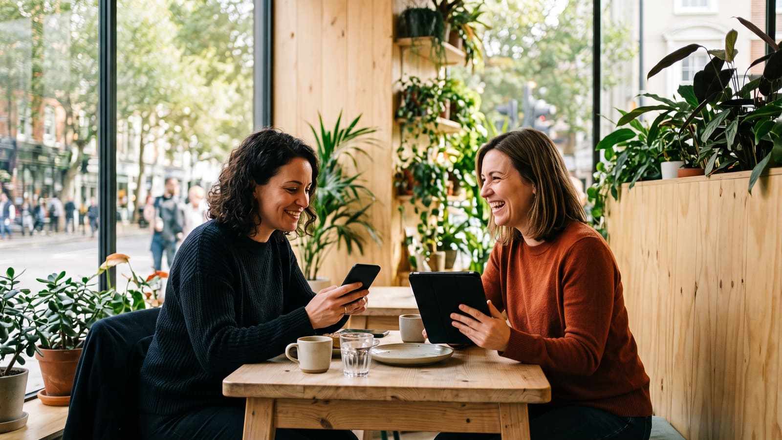 Two friends in a cafe window seat, one shopping on a phone and the other on a tablet