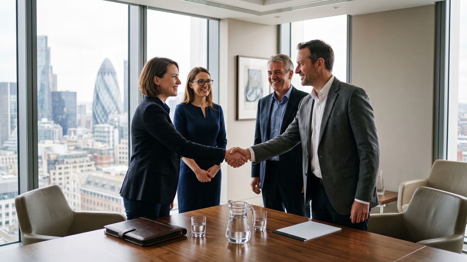 Two founders shake hands on a deal in a boardroom overlooking a city skyline