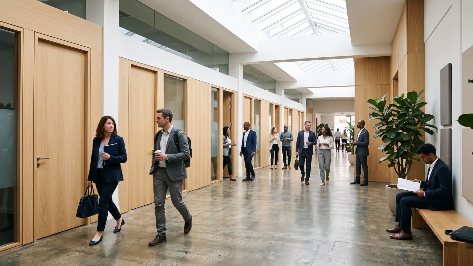 People come and go along a bright shared corridor lined with identical office doors