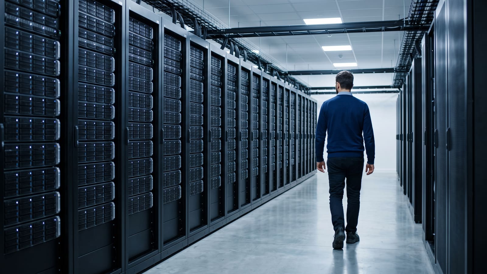 An engineer walks down a long aisle of server racks in a data centre