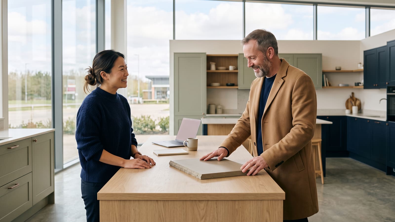 A showroom coordinator in a navy jumper chats with a smiling customer in a camel coat as he rests his hands on a stone worktop sample, at an oak island in a bright, modern kitchen showroom on a retail park