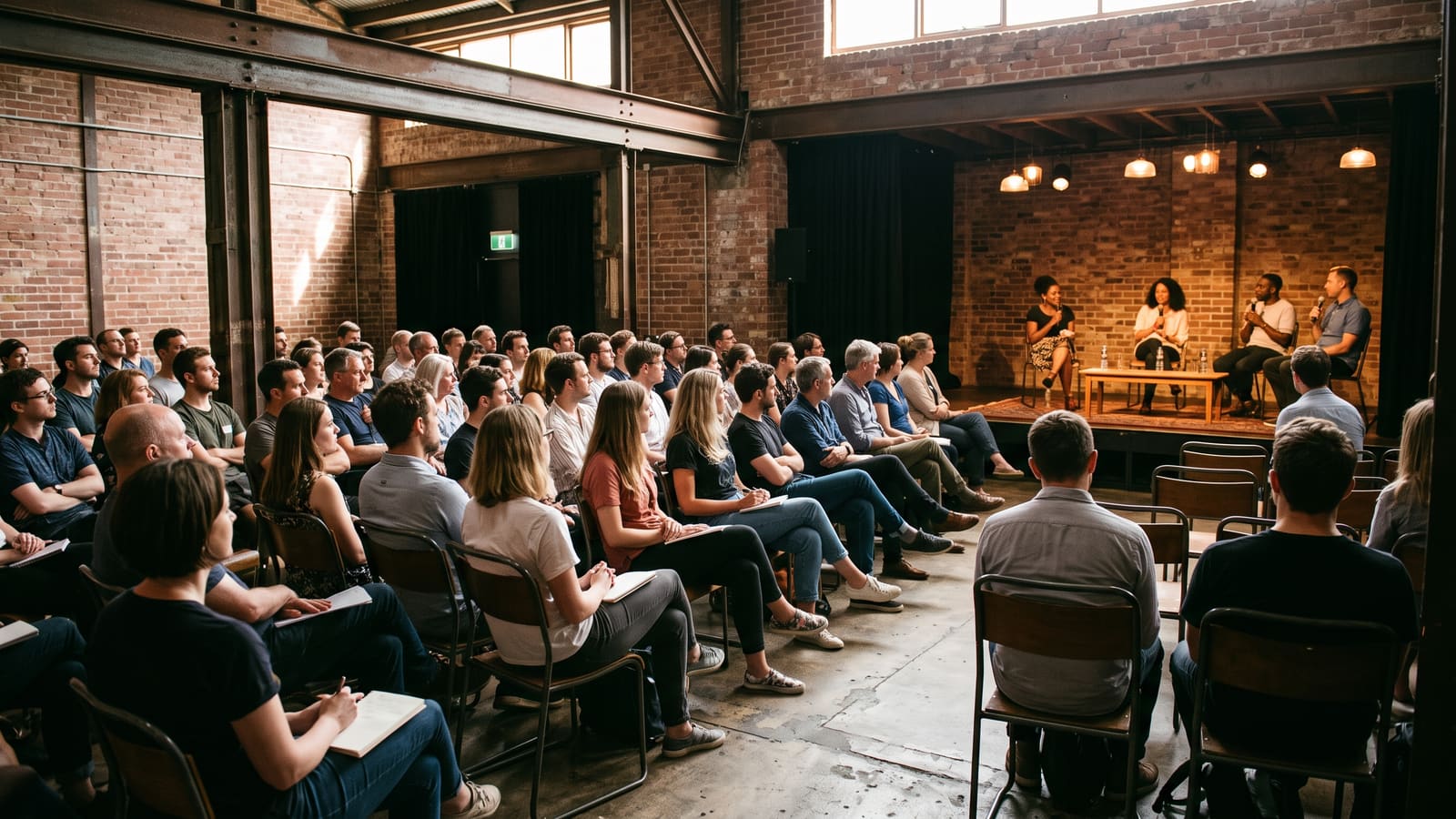 An audience listens to a panel discussion in a converted industrial venue