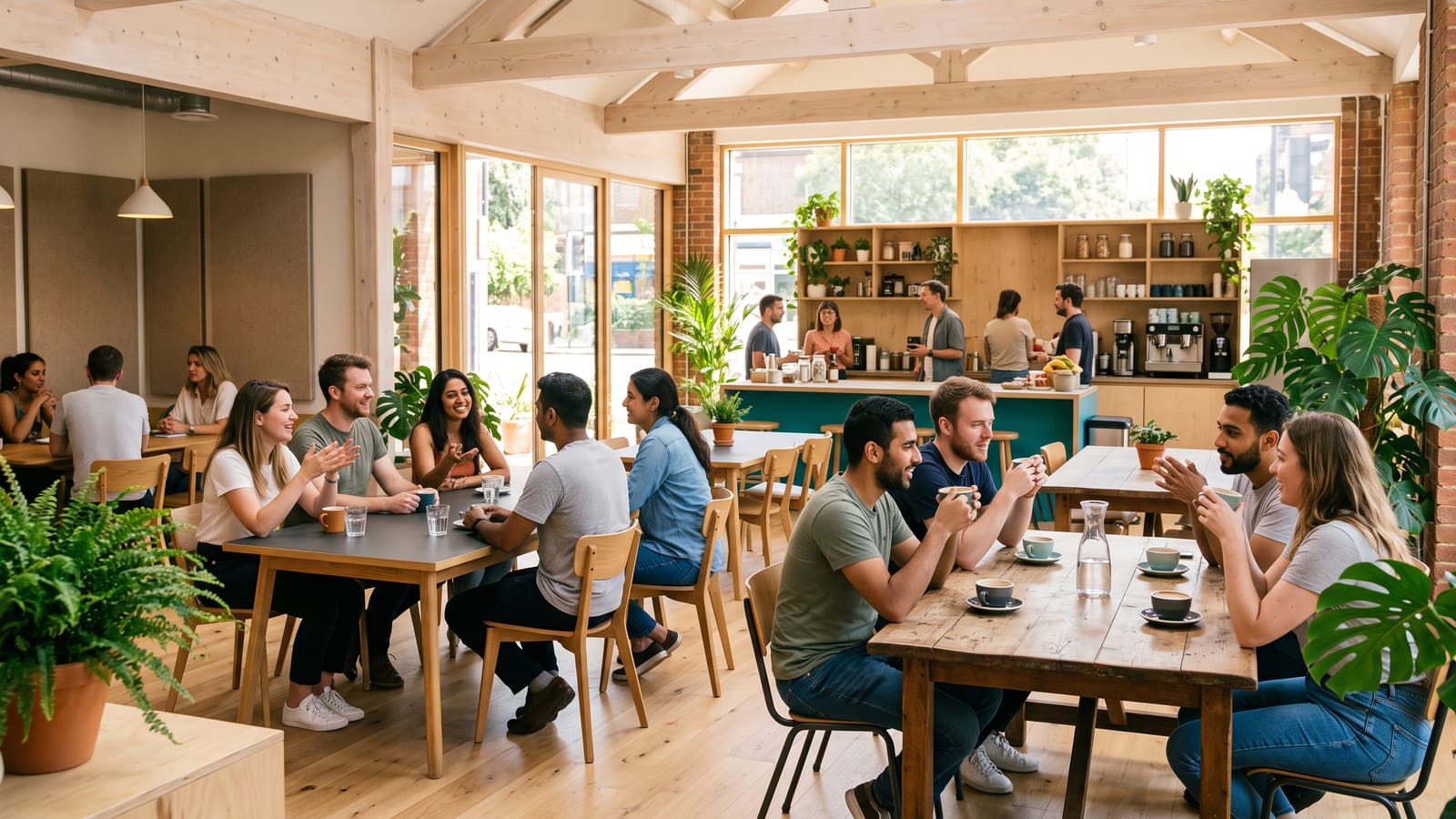 Several small teams talk at separate tables in a busy co-working space