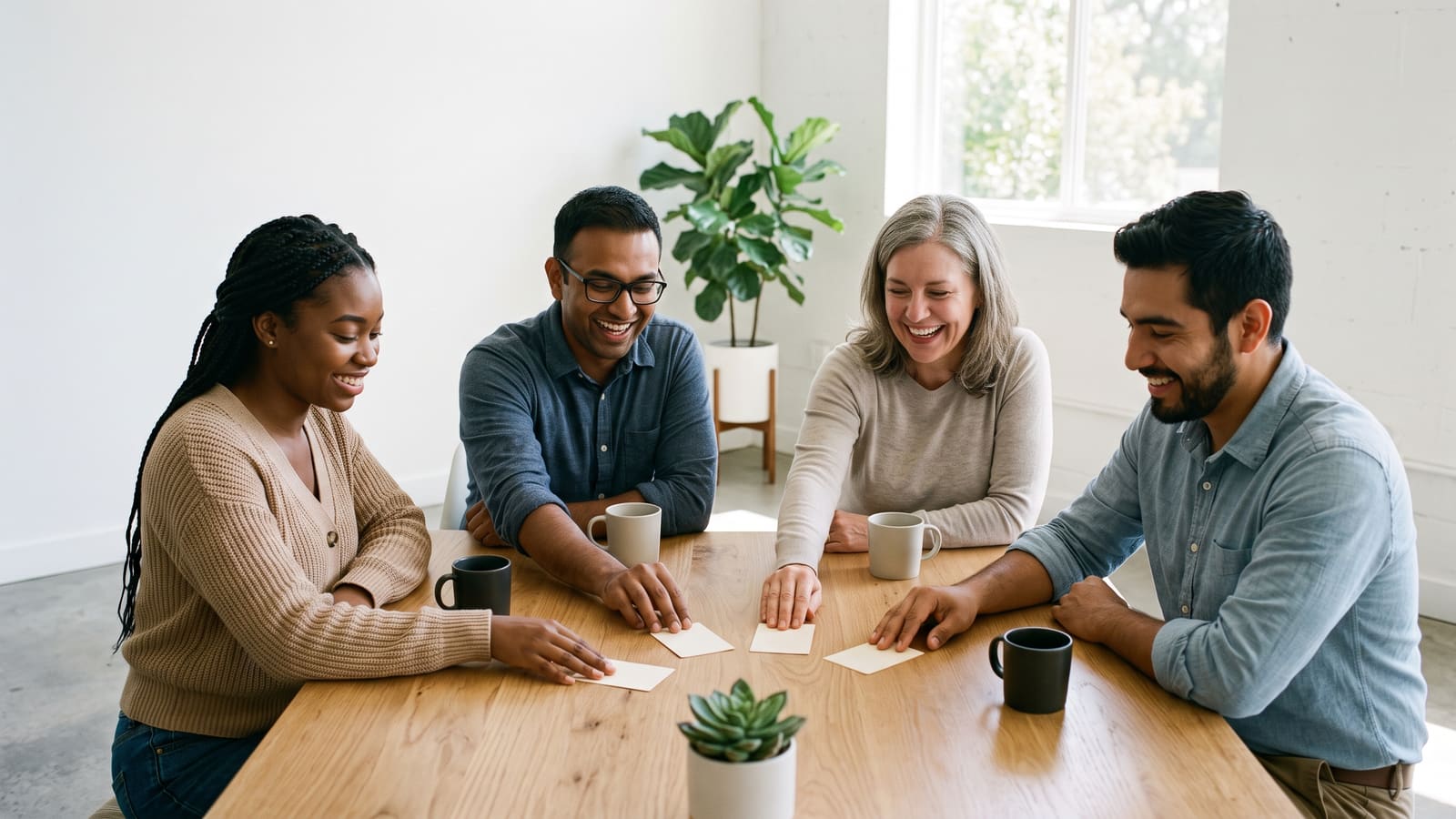 A team lays blank cards face down on a table during a planning session