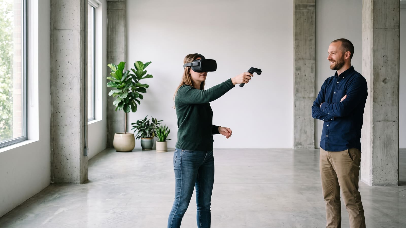 A developer tries a VR headset and controller while a colleague watches in an open studio