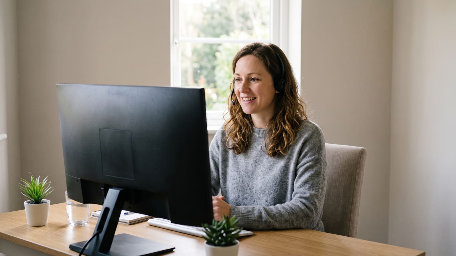 A woman in a headset smiles on a video call at a tidy desk in her spare room