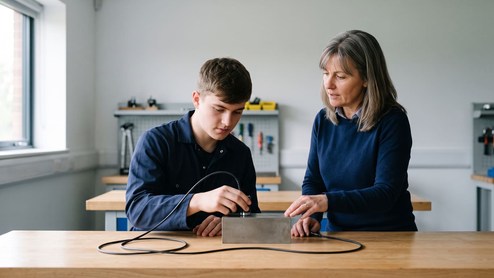 A trainee technician scans a metal test block with a handheld probe while an instructor guides him