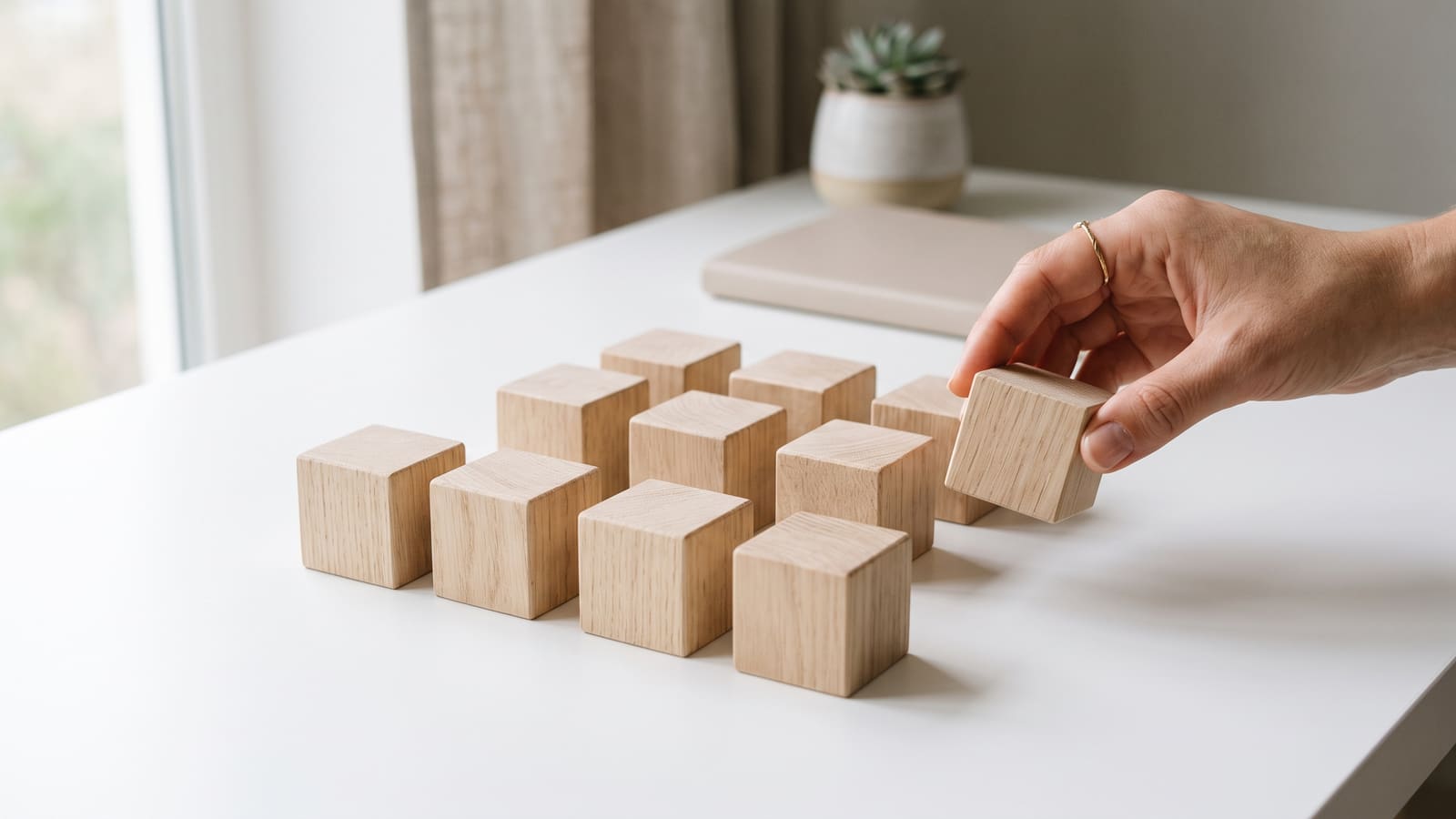 Twelve wooden blocks in a neat grid on a white desk, one being lifted by a hand
