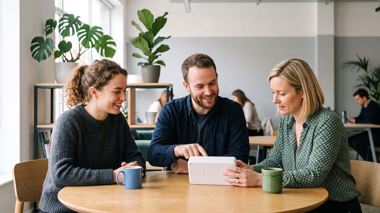 Two founders watch a customer try an early prototype at a table in a co-working space