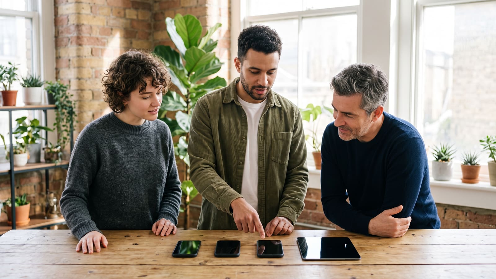 A product team reviews an app across several phones and a tablet laid out on a table